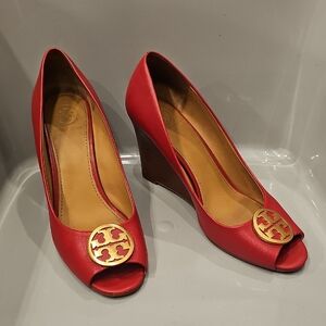 Tory Burch Red Wedge Peep Toe Shoes